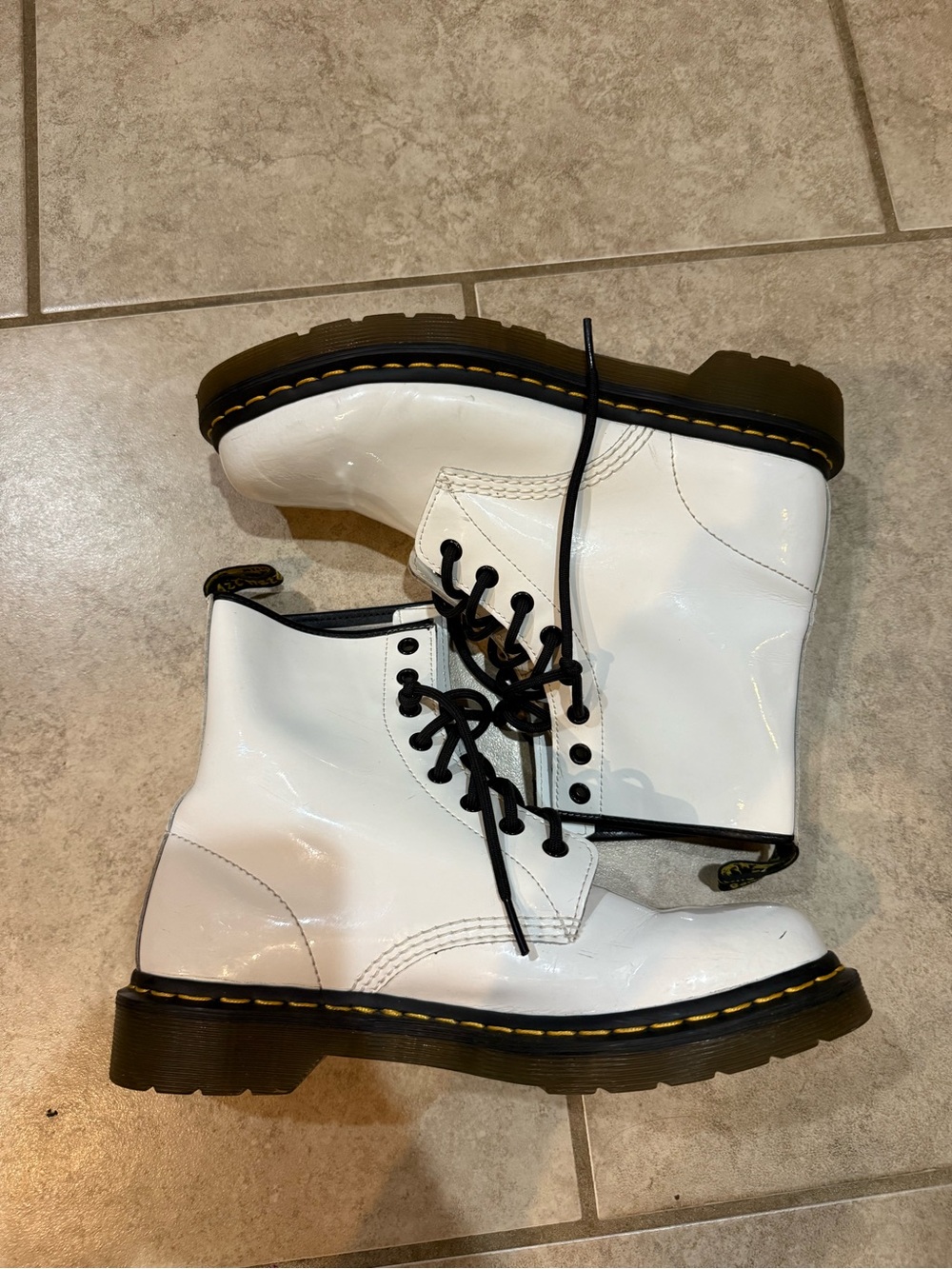 Dr. Martens White Patent Leather Combat Boots with Black Laces